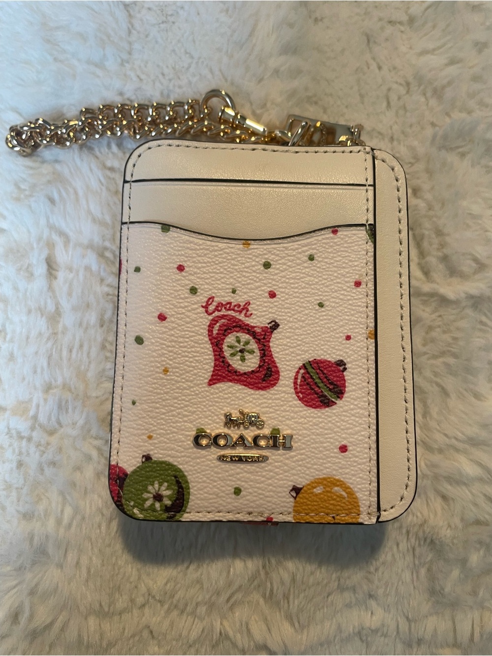 Coach White Leather Holiday Ornament Wallet with Gold Chain